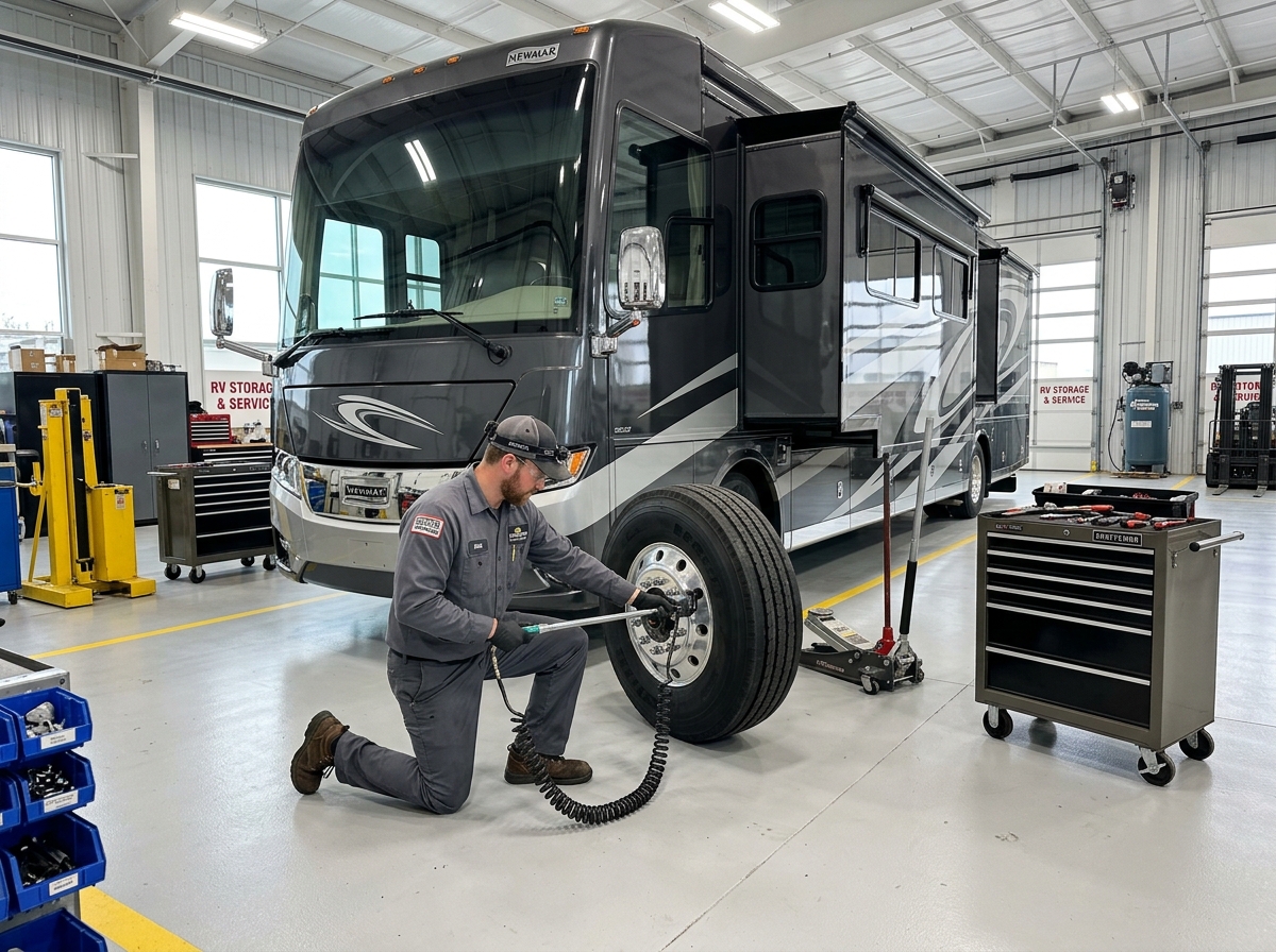 Professional RV technician servicing motorhome